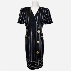 Vintage Junnie Leigh Black & Gold Pinstripe Lock & Keyhole Button Blazer Dress